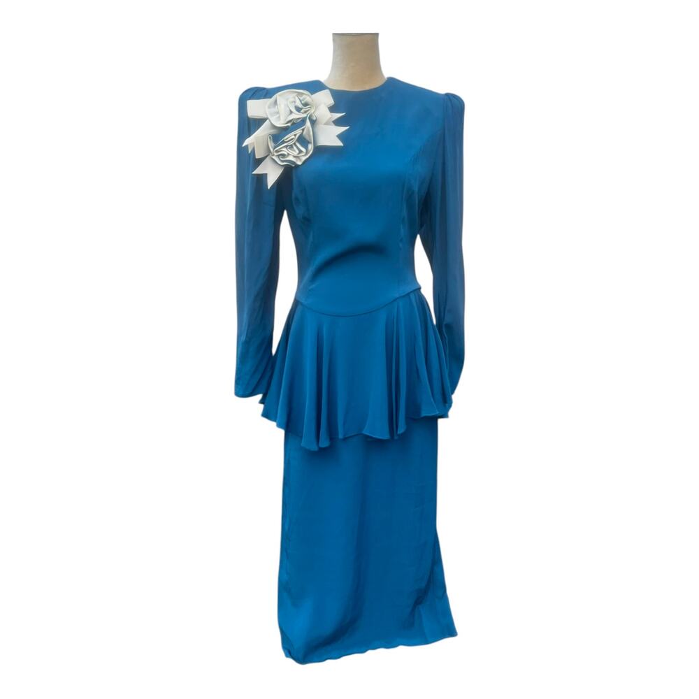 Scott McClintock Vintage Dress Blue Floral Lapel Size 8 1980s 80s